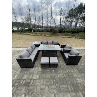 Fimous Fimous 10 Seater Outdoor Lounge Rattan Sofa Set Garden Furniture Gas Firepit Set Dining Table With Chair Coffee Table Stools Dark Grey Mixed