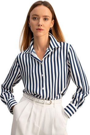 LilySilk Classic Striped Silk Shirt in Blue-White-Pinstripes at Nordstrom, Size Xx-Large