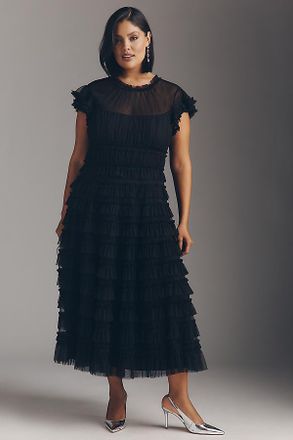 Mac Duggal Ruffled Short-Sleeve Midi Dress