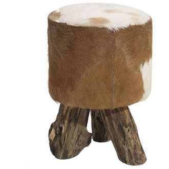 Beliani Reposapi&eacute;s De Cuero De Cabra Madera Teca Tr&iacute;pode Patas Patr&oacute;n De Vaca Estilo R&uacute;stico Kent
