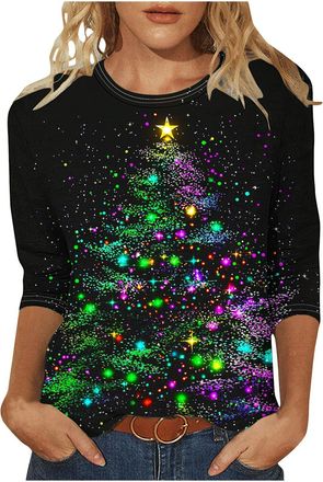 Generic Christmas Jumpers for Women UK Funny Cute Glitter Xmas Tree Graphic Printed Sweatshirts Crew Neck 3/4 Sleeve T Shirt Casual Print Patterns Holiday Jum