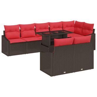 vidaXL Set Divano Da Giardino 9 Pz Marrone E Rosso Polyrattan Vidaxl