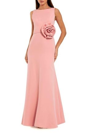 Mac Duggal High Neck Sleeveless Crepe A Line Gown With Flower in Rose at Nordstrom, Size 14