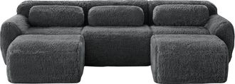 STILVORA Sof&aacute; Modular 3 Plazas En Tela Aterciopelada Con 2 Taburetes, Base Antideslizante, Asiento Amplio Y 3 Cojines, Gris