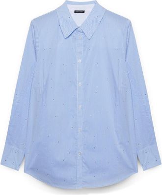 Fiorella Rubino Gestreept shirt met strass steentjes - Dames - Overhemden - Blauw - 2XL - Katoen - Overhemden