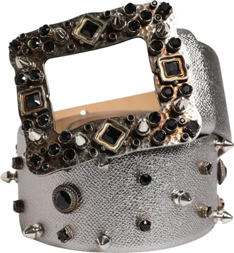 Dolce & Gabbana Womens Silver Leather Crystal Metal Buckle Belt Calf