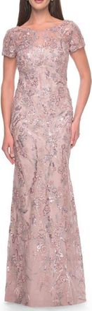 La Femme Stunning Beaded Lace Evening Gown with Short Sleeves in Mauve at Nordstrom, Size 18