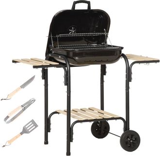 OUTSUNNY Barbecue a Carbonella con Coperchio e Ruote, Ripiani e Utensili Nero