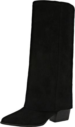 Generic Knee High Boots Women Wide Calf Long Booties Solid Color Pointed Toe Stylish Chunky Heel Comfortable Pull On Fold Over Boots Parties Outdoor