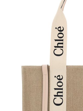 Chlo&eacute; Womens Handbag Medium Woody Linen Beige Tote Bags