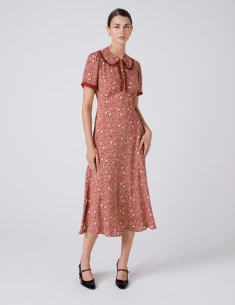 Ghost London Taylor Floral Crepe Midi Tea Dress in Red Ditsy at Nordstrom, Size 10