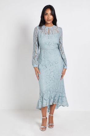 Wallis Womens Petite Lace High Neck Ruffle Midi Dress - Green Polyamide - Size 10 UK