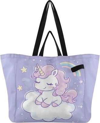 Generic Unicorn Cloud Stars Lilac print Reusable Canvas Tote Bag, Heavy Duty Grocery Shopping Bag with Large Capacity Double Handles Hard Bottom Work Grocerie