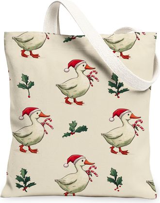 Generic Christmas Duck Canvas Tote Bags, Cute Animal Holiday Pattern Reusable Grocery Bags, Lightweight Washable Shoulder Strap Can, Cream, 13x15 Inch