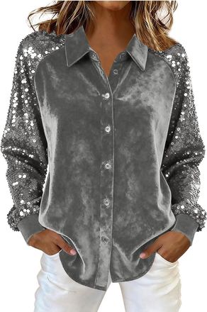 Generic Womens Sequin Blouses Long Sleeve Botton Down Shirts Lapel Neck Sparkly Sequined Velvet Shirt Ladies Casual Elegant Festival Evening Tops for Christma
