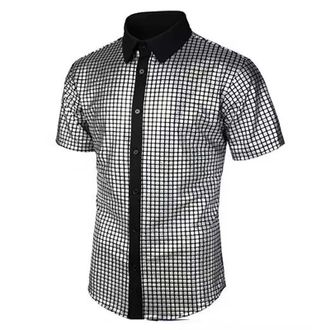 Generic Sequin Shirt for Men Shiny Metallic Dress Shirts 70s Disco Shirts Lapel Satin Shirts Sparkle Shirts Slim Fit Short Sleeved Button Up Shirt Glitter Shi