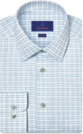 David Donahue Trim Fit Check Cotton Dobby Dress Shirt in White/Pistachio at Nordstrom, Size 14.5 - 32