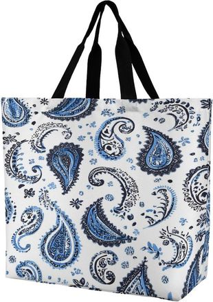 Generic Blue Paisley Pattern Large Reusable Shopping Bag Lightweight Foldable Tote Bags Washable Shoulder Handbag