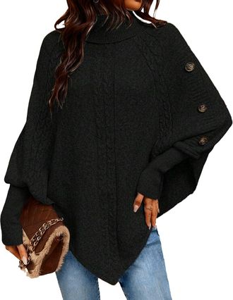 Generic Womens Poncho Sweater Turtleneck Knit Pullover Loose Fit Cape Wrap Sweater Tops Fall Winter Outfits Black X-Large