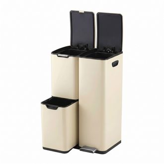 Relaxdays Relaxdays Papelera, 3 Compartimentos, 60 L, Cubos Interiores Extra&iacute;bles, Cierre Suave, Pedal, Acero Inoxidable, Beige