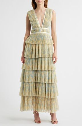 Hutch Plunge Neck Tiered Tulle Dress in Sky Floral at Nordstrom, Size 8