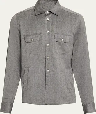 Kiton Mens Cashmere Herringbone Flap-Pocket Overshirt