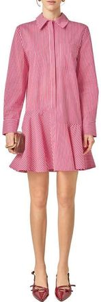English Factory Stripe Ruffle Hem Long Sleeve Shirtdress in Burgundy at Nordstrom, Size X-Small