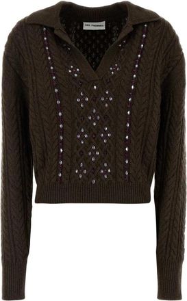 Des_Phemmes Kabel Gebreide Polo Sweater met Lange Mouwen - Dames - V-hals truien - Bruin - M - Wol - Truien & Vesten