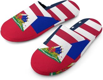 Generic U.S. And Haitian Flag Mens Slippers Flannel Warm House Shoes with Rubber Anti-Slip Sole Slip On for Home Outdoor