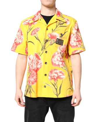 Dolce & Gabbana Yellow Floral Men Button Down Casual Shirt Cotton Elastane