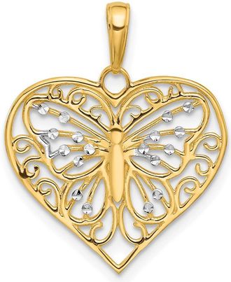 Diamond2Deal 14k Yellow Gold White Rhodium Diamond-Cut Butterfly Heart Pendant