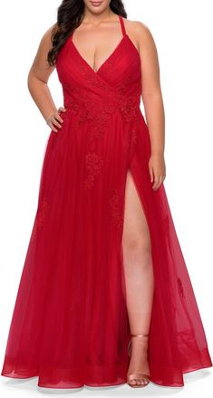 La Femme Plus Size A-line Tulle Dress with Floral Detailing in Red at Nordstrom, Size 16W
