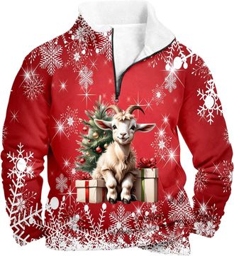 Generic Mens 1/4 Zip Xmas Sweatshirt Christmas Jumpers for Men Novelty Reindeer Goat Fleece Jumper Stand Collar Pullover Fancy Dress Costume Funny Festival Ho