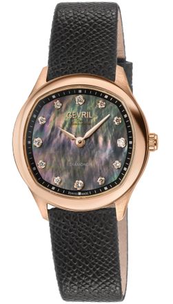 Gevril Group Womens Morcote Swiss Diamond Watch, 316L SS/IPRG Case, Black MOP, Handmade Italian Leather Strap