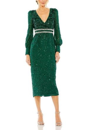 Mac Duggal Sequined V Neck Bishop Sleeve Dress in Emerald at Nordstrom, Size 16