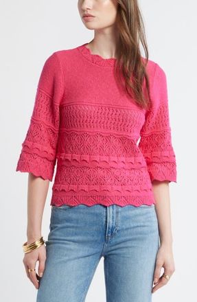 Treasure & Bond Pointelle Knit Scallop Trim Cotton Sweater in Pink Electric at Nordstrom, Size Xx-Small