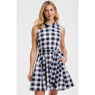 Lands End Poplin Button Front Dress with Godets in Radiant Navy Gingham at Nordstrom, Size X-Large P