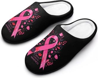 Generic Breast Cancer Awareness Mens Slippers Slip On Comfortable Fleece Cotton House Shoes Winter