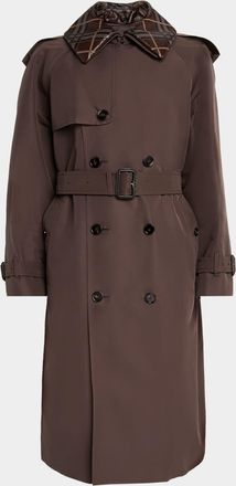 Burberry Mens Leather-Check Collar Silk and Cotton Trench Coat