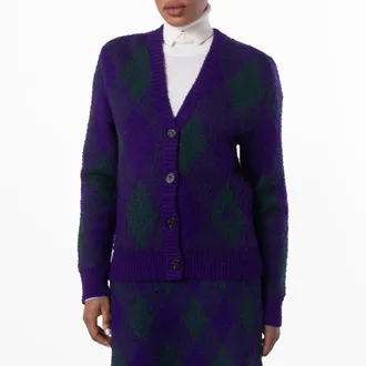 Burberry Argyle-Intarsia-Knit V-Neck Wool Cardigan, Size X-Small