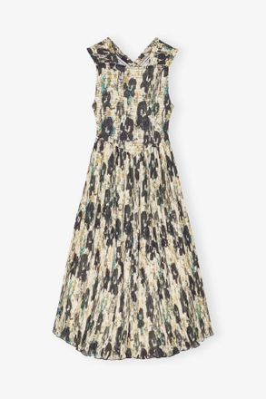 Ganni Printed Pleats Smock Midi Straps Dress - Size 10/12 Beige