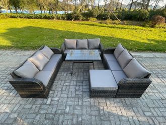 Fimous 10 Seater Wicker Rattan Garden Furniture Set with Rectangular Dining Table Big Footstool Patio Outdoor Lounge Sofa Set in Dark Grey