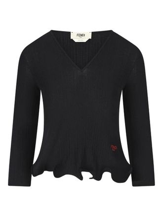 Fendi Womens V-neck Ribbed Top With Ruffles - Black Wool - Size Medium