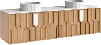 Vente-Unique Mueble de ba&ntilde;o texturizado suspendido con doble lavabo sobre encimera redondo estriado - Natural claro - An. 180 cm - MERKAN