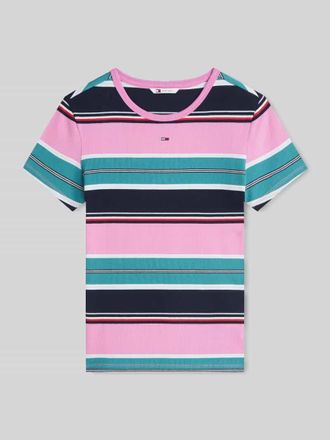 Tommy Jeans Slim Fit T-Shirt aus Baumwoll-Mix in Rippstrick in Pink, Gr&ouml;&szlig;e XL