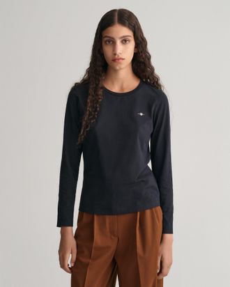 GANT Langarmshirt GANT REG SHIELD LS T-SHIRT, Damen, Gr. XXL, schwarz, Single Jersey, Obermaterial: 100% Baumwolle, regular fit, Rundhals, Shirts Langarmsh