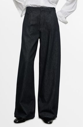 Mango Wide Leg Pleated Denim Trousers in Black at Nordstrom, Size 2