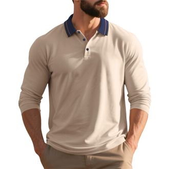 Generic Mens Long Sleeve Polo Shirt - Button Down Classic Style, Pullover Sweatshirt Fabric, Contrast Collar Detail, Timeless Polo for Daily Wear Khaki