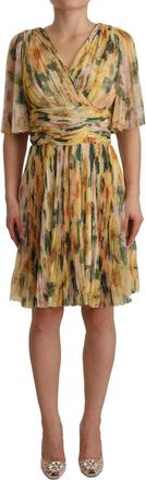 Dolce & Gabbana Yellow Floral Print Pleated Maxi Womens Dress
