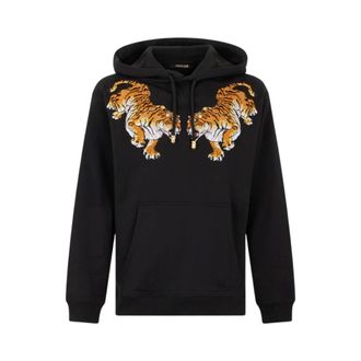 Roberto Cavalli Hoodies, male, Black, Size: XL Black Hooded Sweatshirt With Tiger Embroidery